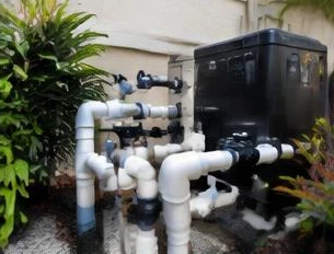 Heat pump pool heater hidden in a fenced side yard between a stucco wall and wooden fence