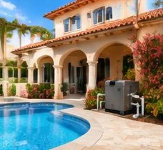 Pool heat pump installed beside a South Florida home — Pool Heater Installation in West Palm Beach