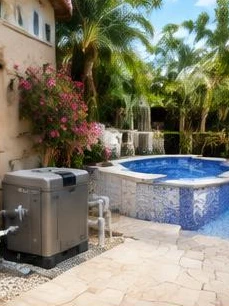 Heat pump pool heater hidden in a fenced side yard between a stucco wall and wooden fence