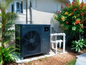Heat pump pool heater hidden in a fenced side yard between a stucco wall and wooden fence
