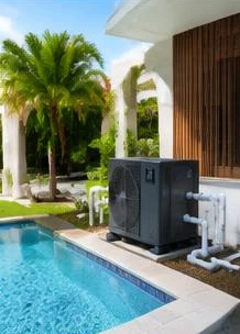 Heat pump pool heater hidden in a fenced side yard between a stucco wall and wooden fence