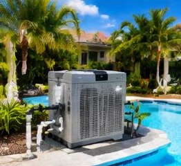 Heat pump pool heater hidden in a fenced side yard between a stucco wall and wooden fence