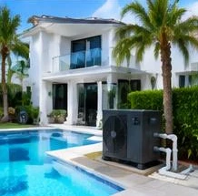 Heat pump pool heater hidden in a fenced side yard between a stucco wall and wooden fence
