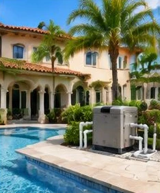 Heat pump pool heater hidden in a fenced side yard between a stucco wall and wooden fence