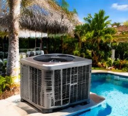 Heat pump pool heater hidden in a fenced side yard between a stucco wall and wooden fence