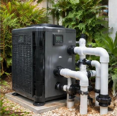 Pool heat pump beside a luxury Palm Beach County residence