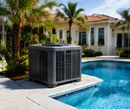 Heat pump pool heater hidden in a fenced side yard between a stucco wall and wooden fence