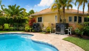 Heat pump pool heater hidden in a fenced side yard between a stucco wall and wooden fence