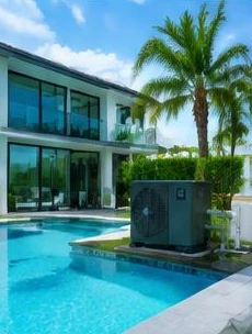 Heat pump pool heater hidden in a fenced side yard between a stucco wall and wooden fence