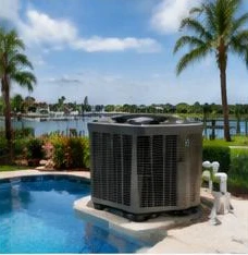 Heat pump pool heater hidden in a fenced side yard between a stucco wall and wooden fence