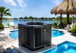 Heat pump pool heater hidden in a fenced side yard between a stucco wall and wooden fence