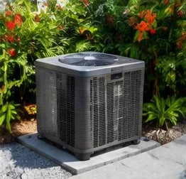 Heat pump pool heater hidden in a fenced side yard between a stucco wall and wooden fence