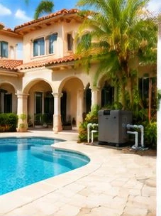 Pool heat pump installed beside a South Florida home — Pool Heater Maintenance in Boca Raton