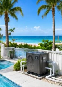 Heat pump pool heater hidden in a fenced side yard between a stucco wall and wooden fence