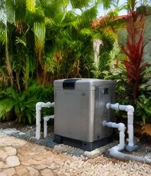 Pool heat pump installed beside a South Florida home — Residential Pool Heaters in Palm Beach