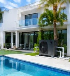 Heat pump pool heater hidden in a fenced side yard between a stucco wall and wooden fence