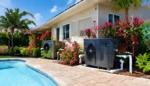 Pool heat pump installed beside a South Florida home — Residential Pool Heaters in Manalapan