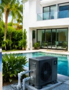 Pool heat pump installed beside a South Florida home — Pool Heater Repair in Boca Raton