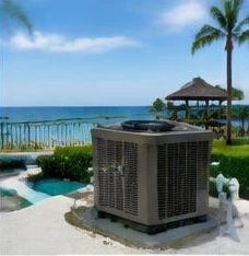 Heat pump pool heater hidden in a fenced side yard between a stucco wall and wooden fence