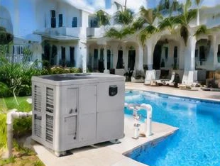 Heat pump pool heater hidden in a fenced side yard between a stucco wall and wooden fence