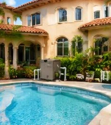 Heat pump pool heater hidden in a fenced side yard between a stucco wall and wooden fence