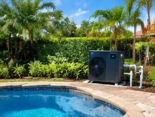 Heat pump pool heater hidden in a fenced side yard between a stucco wall and wooden fence