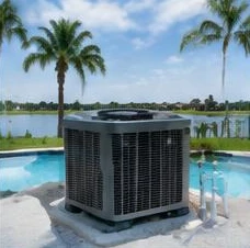 Heat pump pool heater hidden in a fenced side yard between a stucco wall and wooden fence