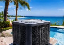Heat pump pool heater hidden in a fenced side yard between a stucco wall and wooden fence