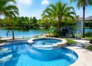Heat pump pool heater hidden in a fenced side yard between a stucco wall and wooden fence