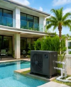 Pool heat pump installed beside a South Florida home — Pool Heaters in Palm Beach
