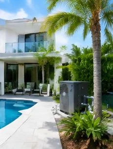 Heat pump pool heater hidden in a fenced side yard between a stucco wall and wooden fence
