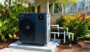 Heat pump pool heater hidden in a fenced side yard between a stucco wall and wooden fence