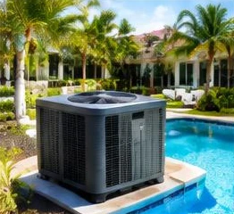 Heat pump pool heater hidden in a fenced side yard between a stucco wall and wooden fence