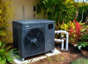 Heat pump pool heater hidden in a fenced side yard between a stucco wall and wooden fence