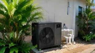 Pool heat pump installed beside a South Florida home — Pool Heater Replacement in Manalapan