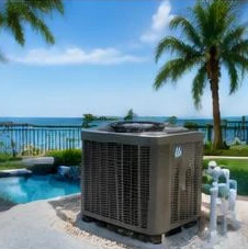 Heat pump pool heater hidden in a fenced side yard between a stucco wall and wooden fence