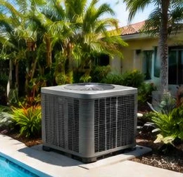 Heat pump pool heater hidden in a fenced side yard between a stucco wall and wooden fence