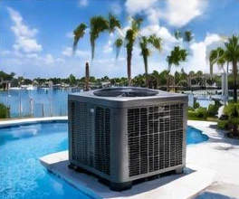 Heat pump pool heater hidden in a fenced side yard between a stucco wall and wooden fence