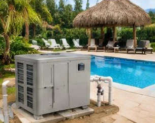 Heat pump pool heater hidden in a fenced side yard between a stucco wall and wooden fence