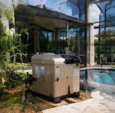 Heat pump pool heater hidden in a fenced side yard between a stucco wall and wooden fence