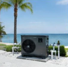 Heat pump pool heater hidden in a fenced side yard between a stucco wall and wooden fence