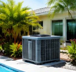 Heat pump pool heater hidden in a fenced side yard between a stucco wall and wooden fence