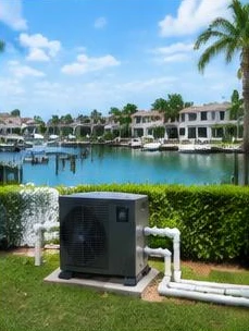 Heat pump pool heater hidden in a fenced side yard between a stucco wall and wooden fence