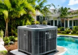 Heat pump pool heater hidden in a fenced side yard between a stucco wall and wooden fence