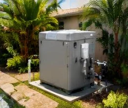Pool heat pump installed beside a South Florida home — Pool Heater Replacement in Palm Beach Gardens