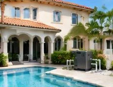 Heat pump pool heater hidden in a fenced side yard between a stucco wall and wooden fence