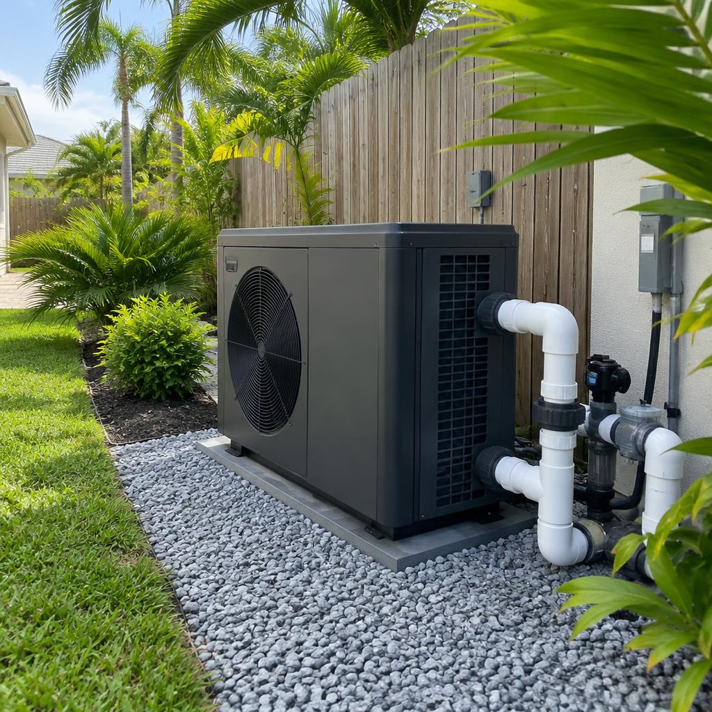 Pool heat pump on a gravel pad in a fenced side yard with palm landscaping