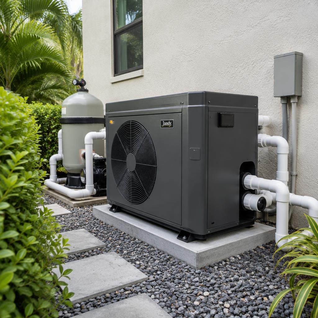 Closed-cabinet heat pump pool heater on a concrete pad in a stucco side yard beside the pool filter