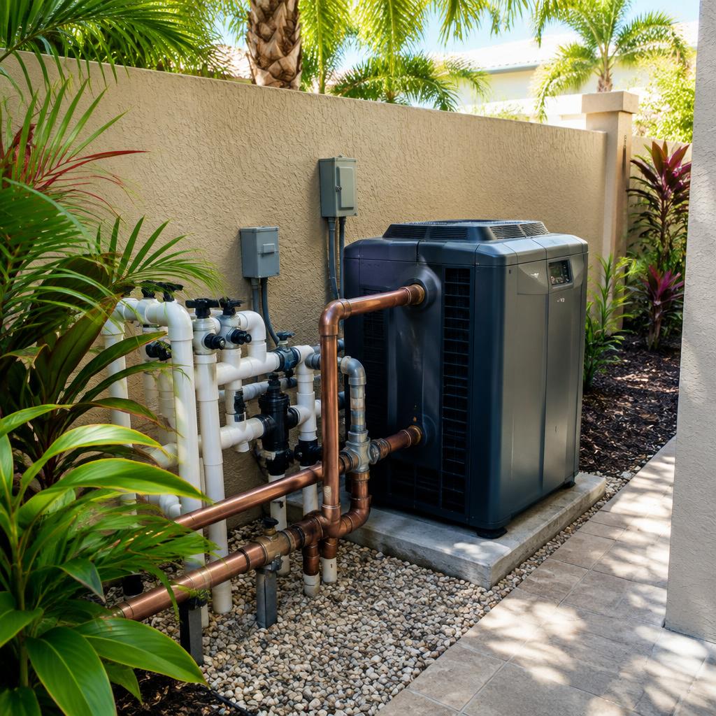 Gas pool heater with copper plumbing behind a stucco privacy wall in a South Florida side yard