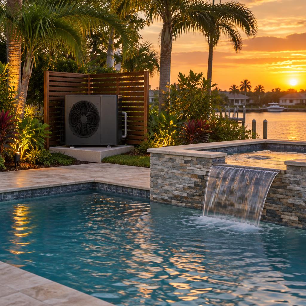 Backyard pool and spa with the heat pump tucked behind a wooden trellis at sunset